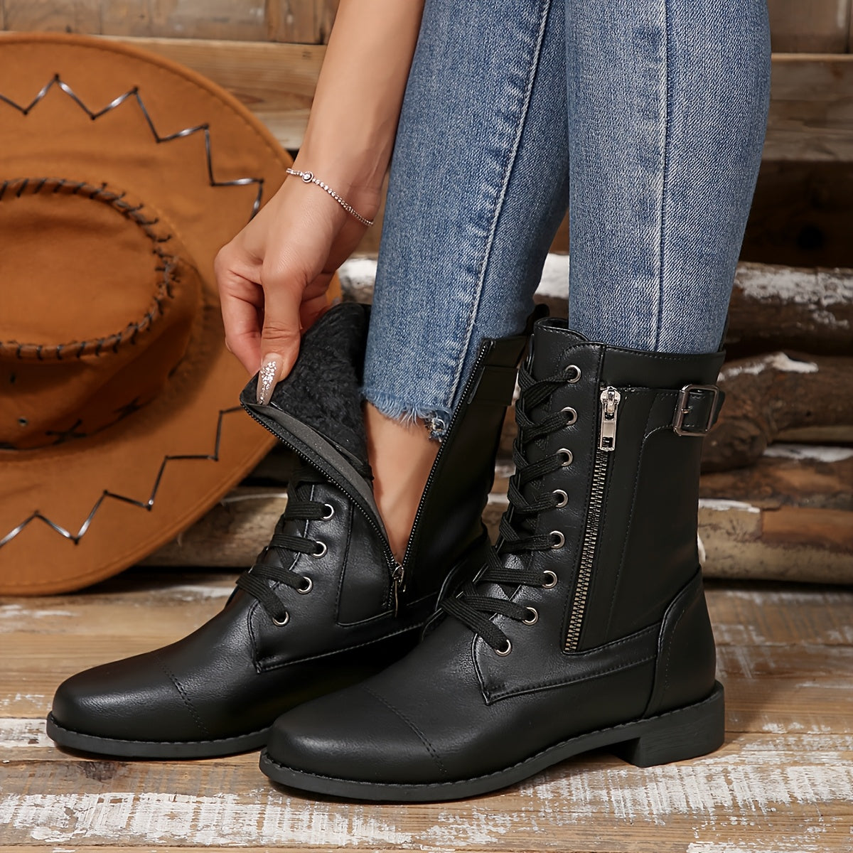 🔥Last Day 50% OFF - Women's Zipper Leather Boots - Wide Fit, Cushioned Sole Pain Relief Riding